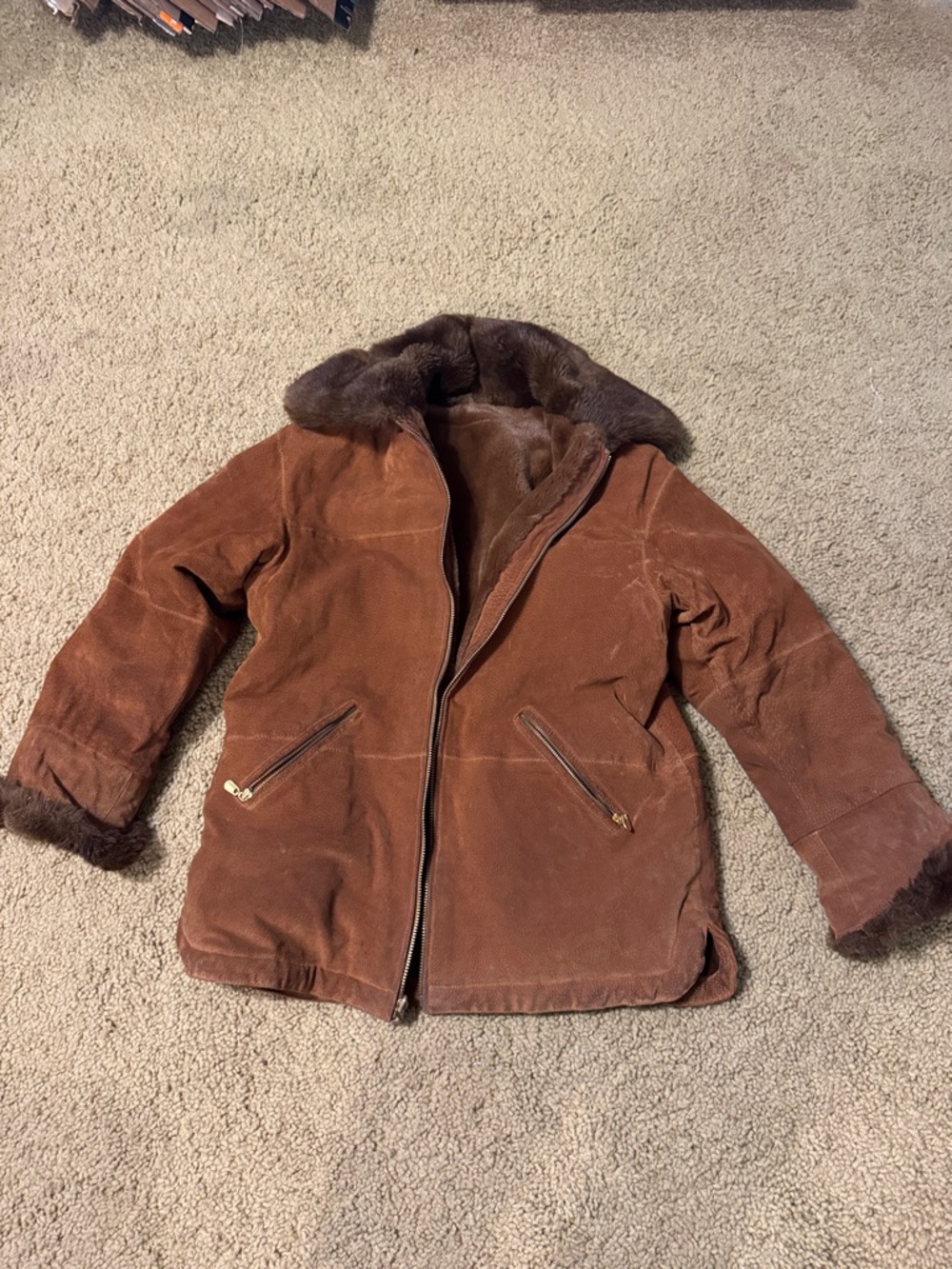 Winlit Brown Suede Shearling Jacket with Fur Trim size medium